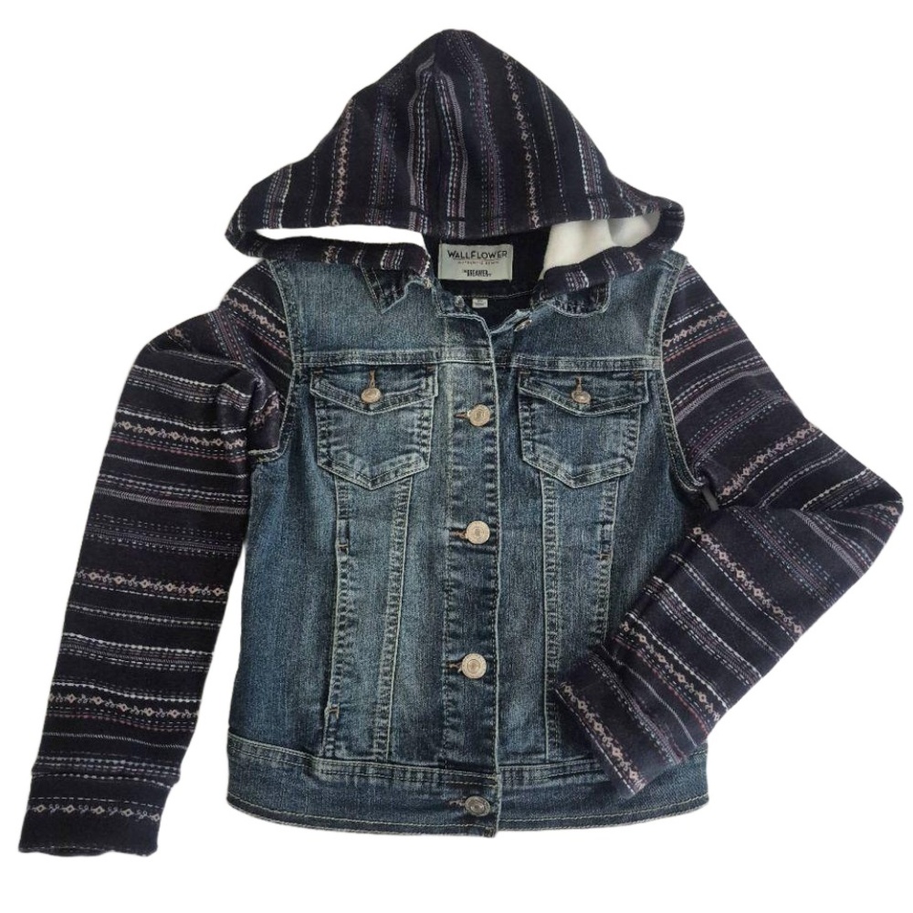 WALLFLOWER Hoodie Jean Jacket Blue Striped Hooded Fit Casual Women's XS